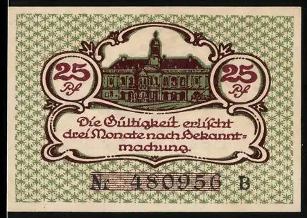 Notgeld Magdeburg 1920, 25 Pfennig, Rathaus mit dekorativem Rahmen und Gültigkeitstext