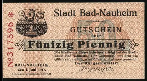 Notgeld Bad-Nauheim 1917, 50 Pfennig, Wappen und Sprudelhof-Motiv
