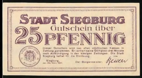 Notgeld Siegburg 1921, 25 Pfennig, Siegel der Stadt, Johannistürmchen und Landschaftsansicht