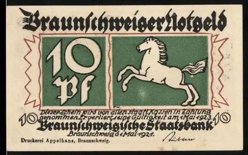 Notgeld Braunschweig 1921, 10 Pf, springendes Pferd und Fahrt in die Berge