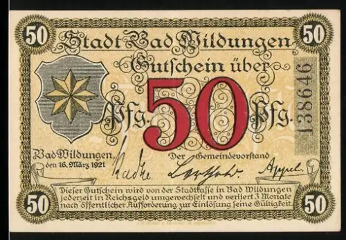 Notgeld Bad Wildungen 1921, 50 Pfennig, Heiligquell von Wildungen, Sterne und Zitat von Hufeland