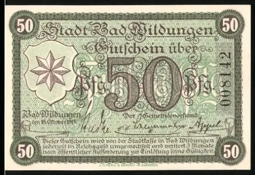 Notgeld Bad Wildungen 1918, 50 Pf, Sternmotiv und Heilquelle von Wildungen