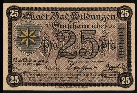 Notgeld Bad Wildungen 1920, 25 Pfennig, Ortsansicht und Wappen mit Stern