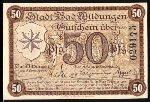 Notgeld Bad Wildungen 1918, 50 Pf, Sternmotiv und Heilquellenansicht