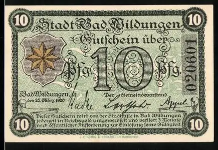 Notgeld Bad Wildungen 1920, 10 Pfennig, Sternmotiv und Pavillon mit Spruch Sich regen bringt Segen