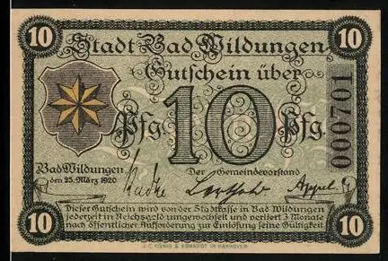 Notgeld Bad Wildungen 1920, 10 Pfennig, Windrose und Pavillon mit Landschaft