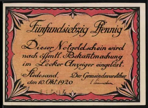 Notgeld Stedesand 1920, 75 Pfennig, geselliges Beisammensein von Frauen am Tisch