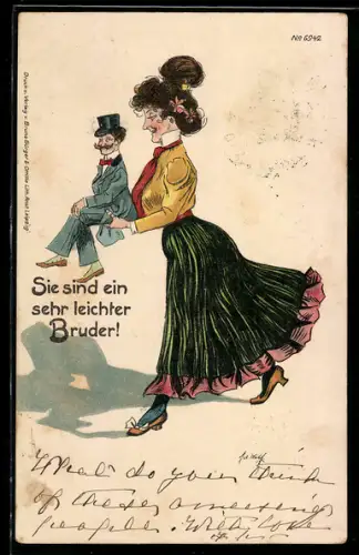 Künstler-AK Bruno Bürger & Ottillie Nr. 6942: Sie sind ein sehr leichter Bruder, Dame mit Mini-Kavalier