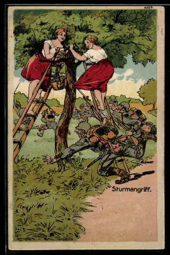 Künstler-AK Bruno Bürger & Ottillie Nr. 6924: Sturmangriff, Soldaten u. Mädchen auf einer Leiter, Karikatur