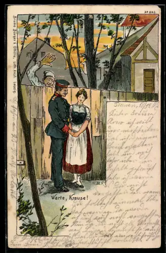 Künstler-AK Bruno Bürger & Ottillie Nr. 895: Warte, Krause!, Zipfelmützenträger erwischt Soldat mit seinem Mädchen