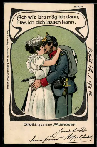 Künstler-AK Bruno Bürger & Ottillie Nr. 7034: Ach wie ists möglich..., Soldat mit Braut, Manövergruss