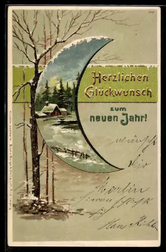 Künstler-AK Bruno Bürger & Ottillie Nr. 2362: Schnee-Idylle in Mondsichel-Rahmen, Neujahrsgruss