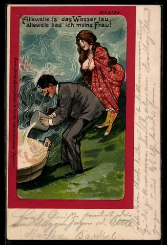 Künstler-AK Bruno Bürger & Ottillie Nr. 6134: Mann giesst warmes Wasser in einem Waschzuber