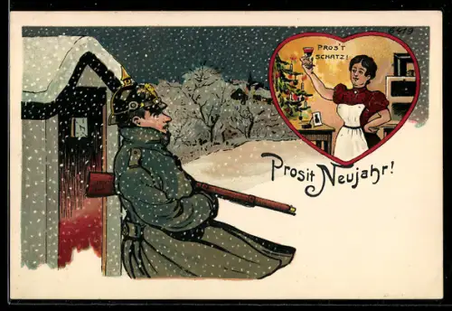 Künstler-AK Bruno Bürger & Ottillie Nr. 6419: Wachsoldat im Schnee, Prostende Braut zuhause, Neujahrsgruss