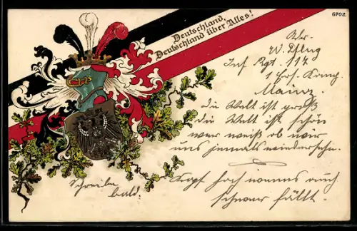 Künstler-AK Bruno Bürger & Ottillie Nr. 6702: Deutschland über alles, Nationalfarben-Banderole mit Wappen