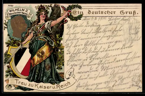 Künstler-AK Bruno Bürger & Ottillie Nr. 7089: Treu zu Kaiser u. Reich, Germania mit Siegeskranz, Wilhelm II.