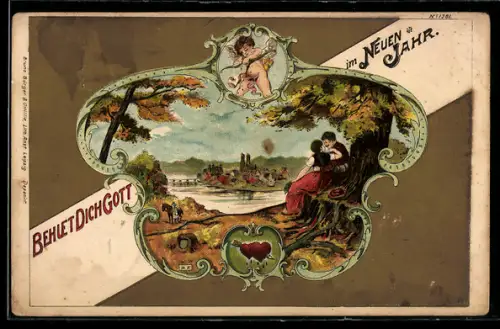 Künstler-AK Bruno Bürger & Ottillie Nr. 1381: Behüt dich Gott!, Liebende unter einem Baum, Amor