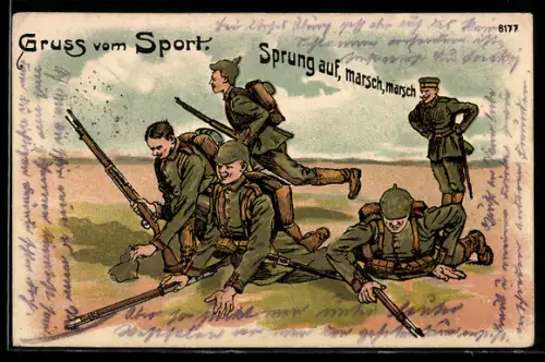 Künstler-AK Bruno Bürger & Ottillie Nr. 8177: Sprung auf, Soldaten bei Geländeübungen, Gruss vom Sport
