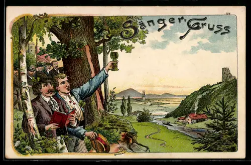 Künstler-AK Bruno Bürger & Ottillie Nr. 586: Sänger-Gruss, Chor mit Wein am Rhein