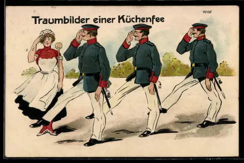 AK Soldaten in Uniform salutieren vor der Köchin