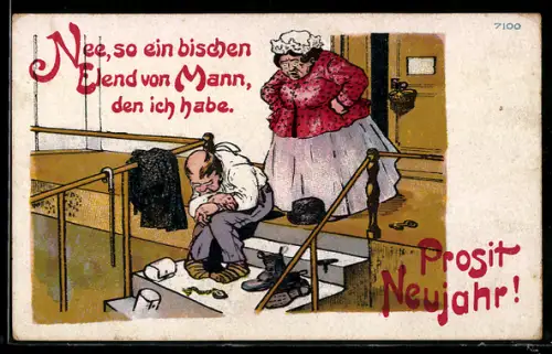 Künstler-AK Bruno Bürger & Ottillie Nr. 7100: Ehefrau findet Gemahl in desolatem Zustand, Neujahrsgruss
