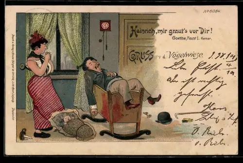 Künstler-AK Bruno Bürger & Ottillie Nr. 6084: Ehefrau u. volltrunkener Gemahl, Gruss v. d. Vogelwiese
