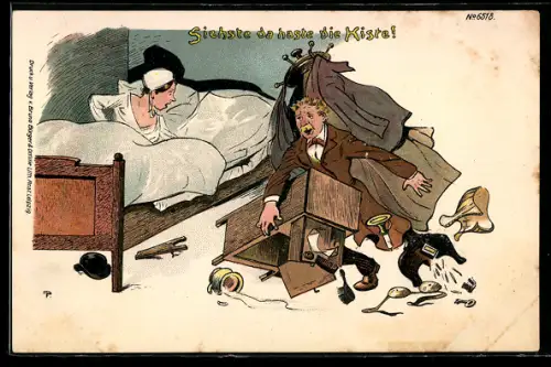 Künstler-AK Bruno Bürger & Ottillie Nr. 6518: Siehste da haste die Kiste, Szene am Ehebett