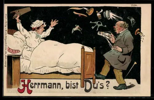Künstler-AK Bruno Bürger & Ottillie Nr. 7104: Hermann, bist Du`s?, Gattin bewirft Ehemann mit Gegenständen