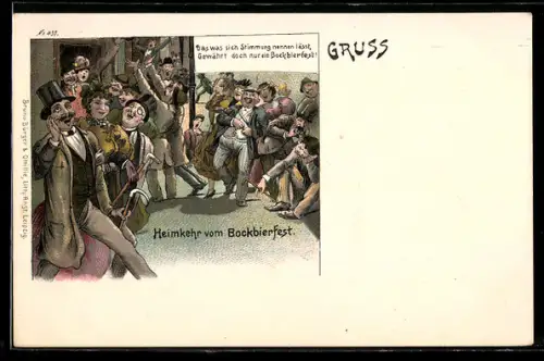 Lithographie Heimkehr vom Bockbierfest
