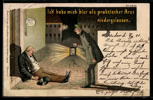 Künstler-AK Bruno Bürger & Ottillie Nr. 6252: Ich habe mich hier..., Betrunkener und Nachtwächter