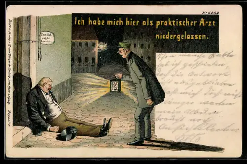 AK Mann liegt vor seiner Tür und sagt  Ich habe mich als praktischer Arzt niedergelassen