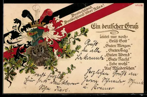 Künstler-AK Bruno Bürger & Ottillie Nr. 6702B: Ein deutscher Gruss lautet..., Wappen, Banderole, Eichenlaub