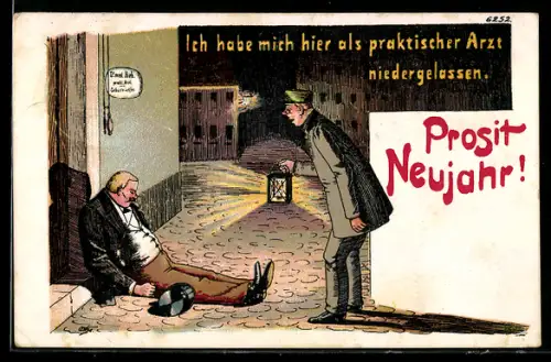 Künstler-AK Bruno Bürger & Ottillie Nr. 6252: Ich habe mich hier als praktischer Arzt..., Neujahrsgruss