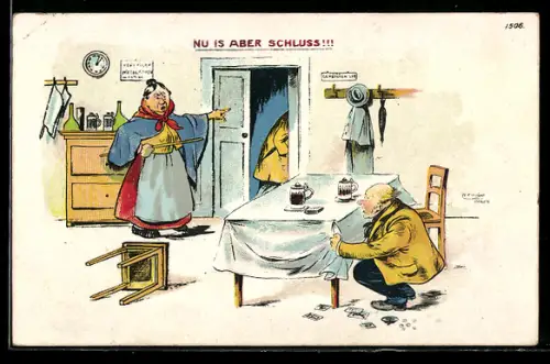 Künstler-AK Bruno Bürger & Ottillie Nr. 1506: Nu is aber Schluss, Ehefrau holt Mann aus dem Wirtshaus