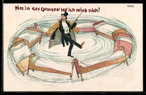 Künstler-AK Bruno Bürger & Ottillie Nr. 6503: Betrunkener sieht Bett als Karussell