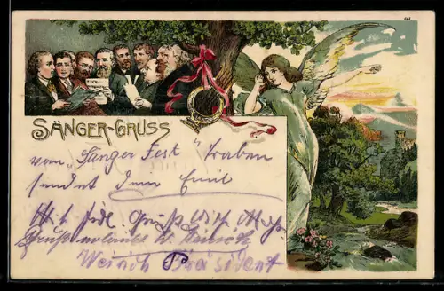 Künstler-AK Bruno Bürger & Ottillie Nr. 642: Sänger-Gruss, Chor mit lauschendem Engel