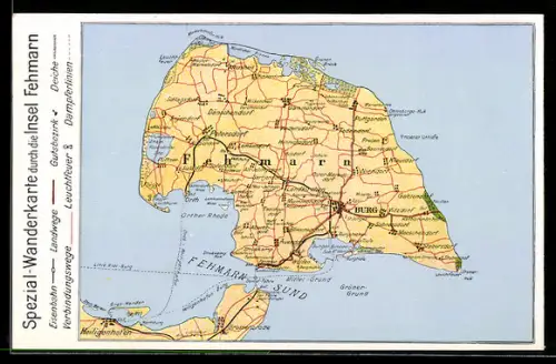 AK Fehmarn, Spezial-Wanderkarte, Wanderwege, Gasthäuser, Leuchttürme, Dampferlinien