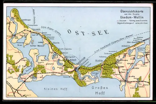 AK Usedom, Übersichtskarte Usedom u. Wollin, Chausseen, Eisenbahnlinien, Jugendherbergen
