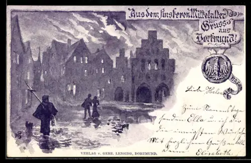 Künstler-AK Dortmund, Mittelalterliche Ortsansicht, Abendstimmung