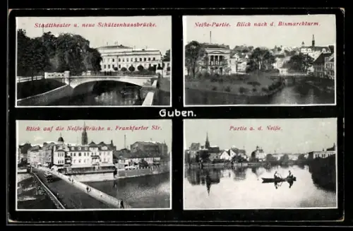 AK Guben, Stadttheater, Schützenhausbrücke, Neisse-Partie, Bismarckturm