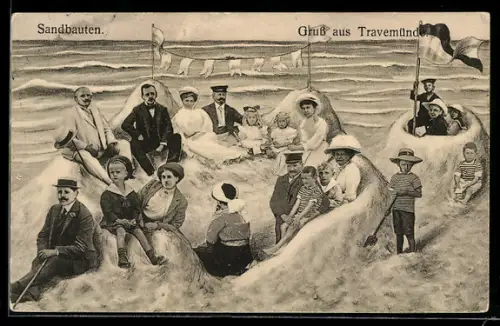 AK Travemünde, Sandbauten u. Menschen am Strand