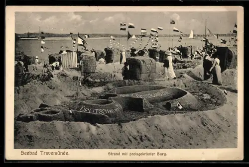 AK Travemünde, Strand mit preisgekrönter Burg, Anker-Motiv