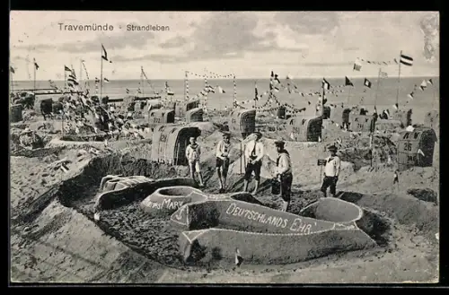 AK Travemünde, Strandleben, Sandburg Deutschlands Ehr