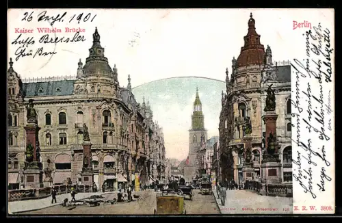 AK Berlin, Kaiser Wilhelm Brücke, Kaiser Wilhelm-Strasse, Turm der Marienkirche