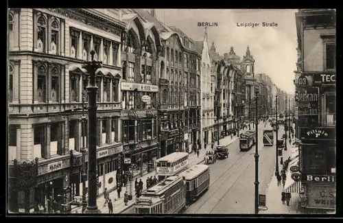 AK Berlin, Leipziger Strasse, Strassenbahn, Geschäftsgebäude