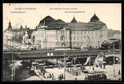 AK Berlin-Charlottenburg, Hardenbergstrasse, Bahnhof Zoolog. Garten, Oberverwaltungsgebäude, Strassenbahn