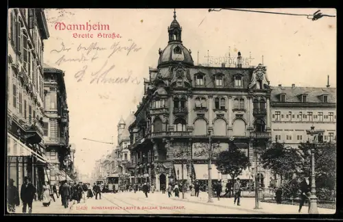 AK Mannheim, Breite Strasse, Strassenszene mit Geschäftshäusern und Fussgängern, Strassenbahn