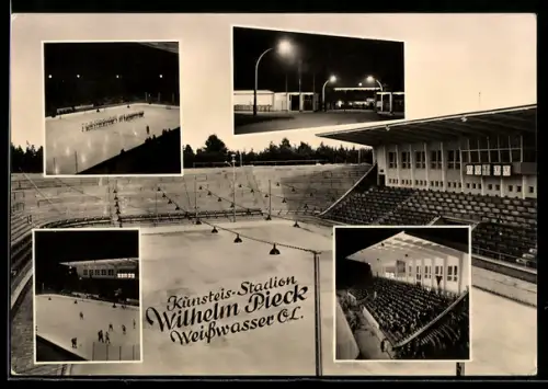 AK Weisswasser /O.L., Kunsteis-Stadion Wilhelm Pieck, Tribüne, Eishockey, Flutlicht