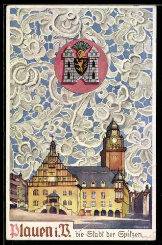 Künstler-AK Plauen i. V., Ortspartie, Plauener Spitze, Stadtwappen