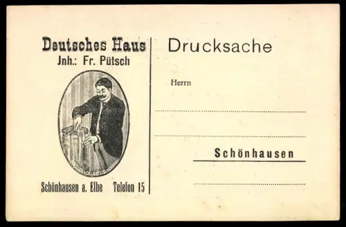 Künstler-AK Schönhausen a. Elbe, Gasthaus Deutsches Haus, Inh. Fr. Pütsch, Bier im Selbstschänker